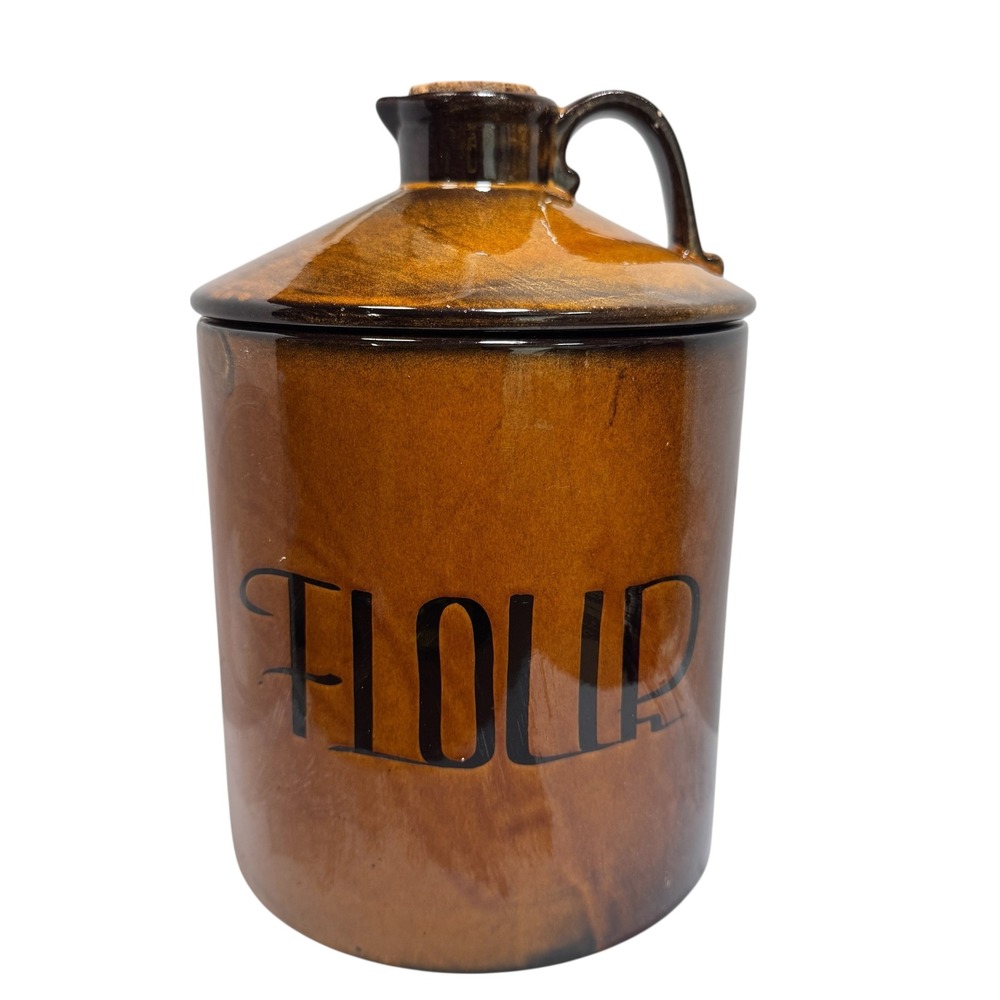 Vintage Holiday Designs USA Brown Glazed Ceramic Flour Canister Jug With Lid USA